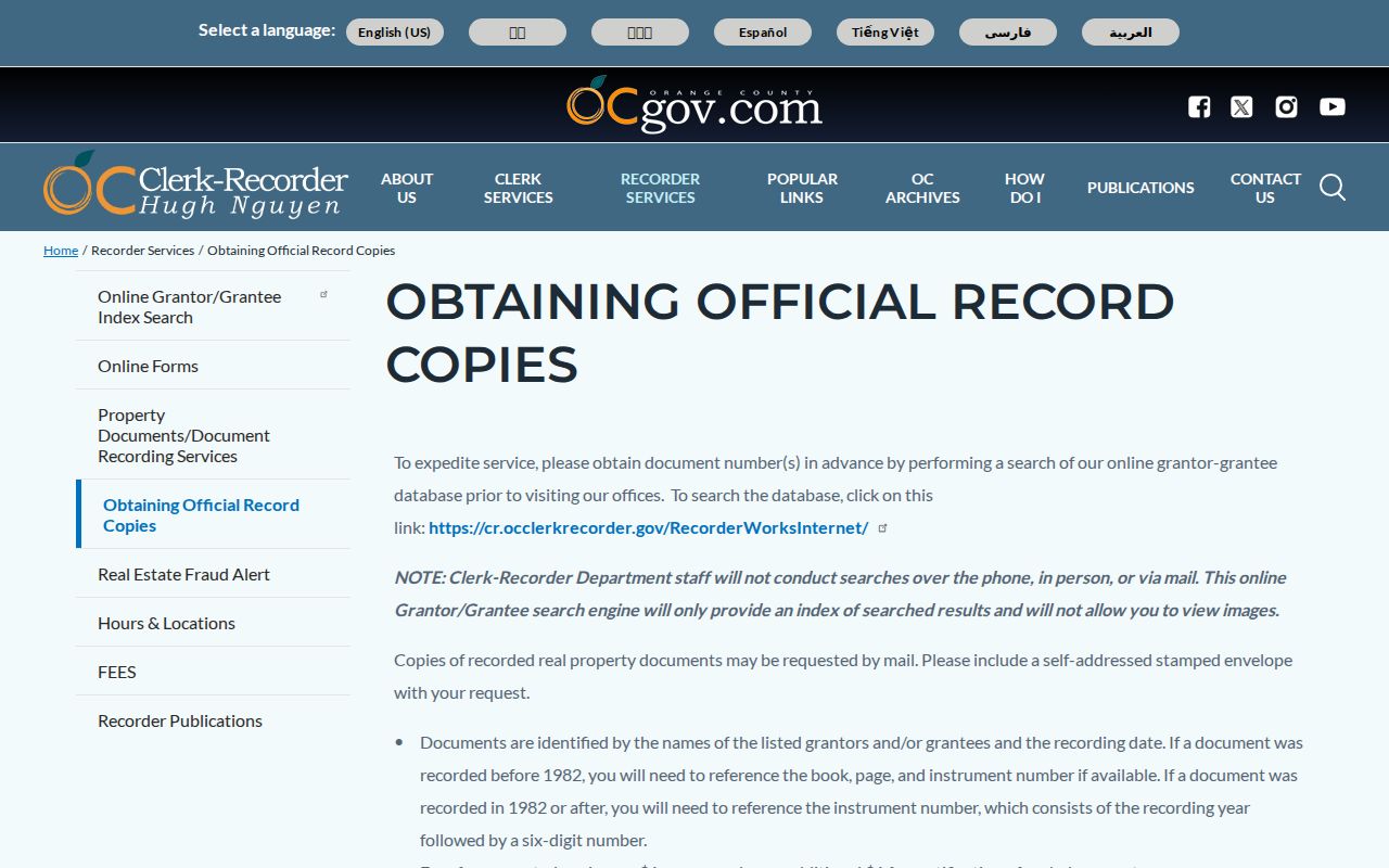 Lake Forest previous residents using Orange County official record copy instructions