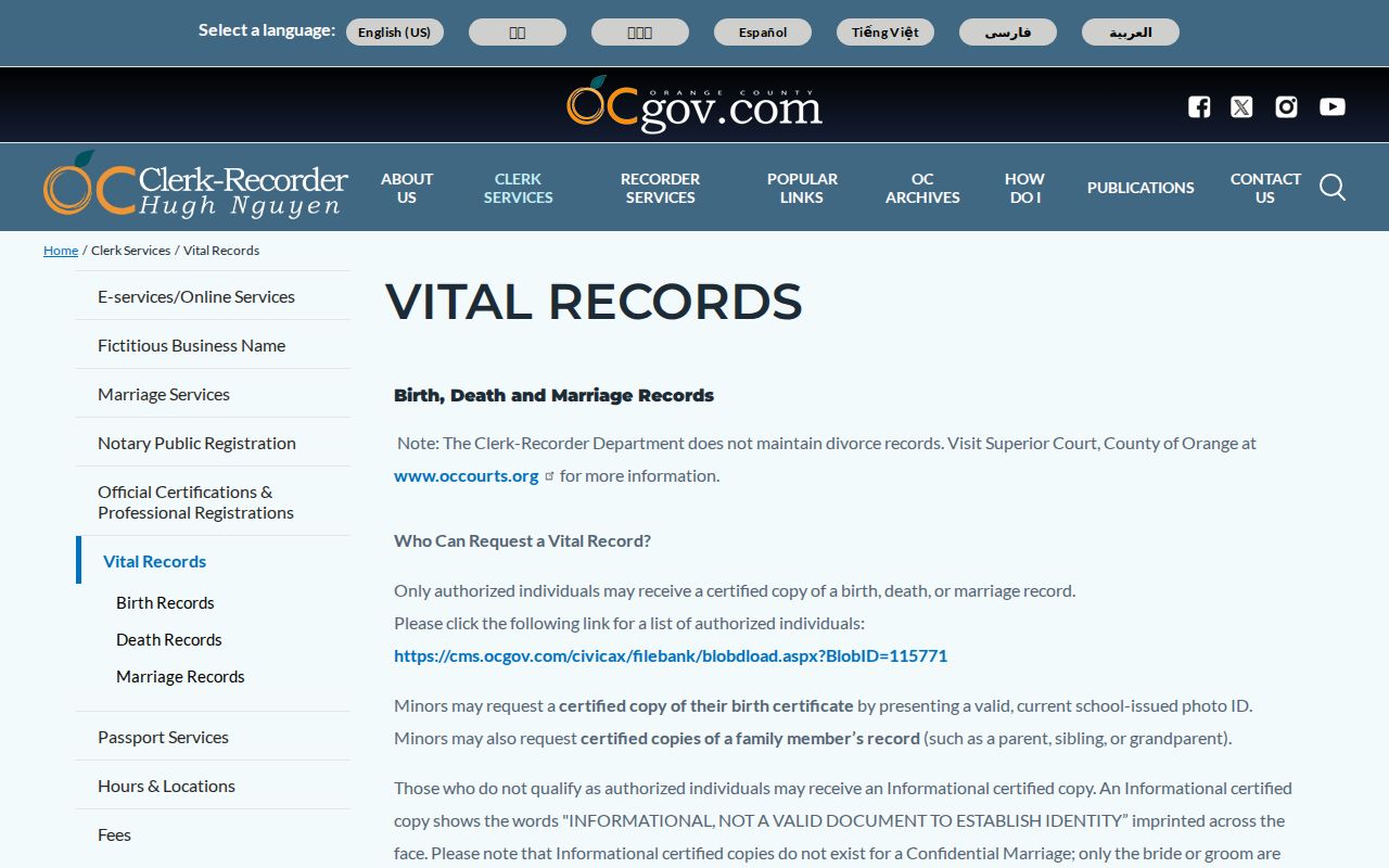 Lake Forest resident lookup view of Orange County vital record requests