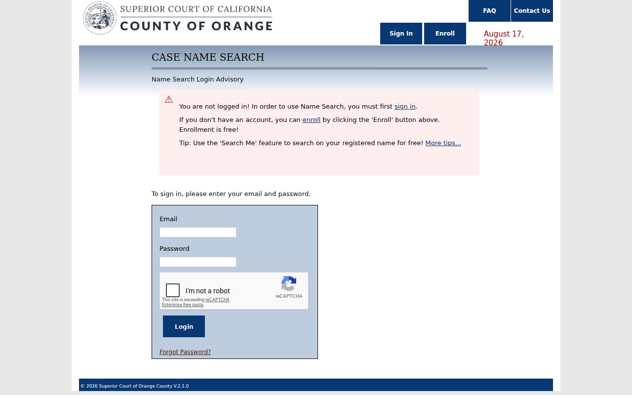 Lake Forest resident lookup view of Orange County Superior Court case name search