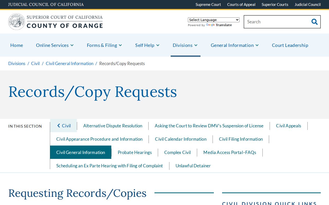 Lake Forest resident lookup view of Orange County court record and copy requests