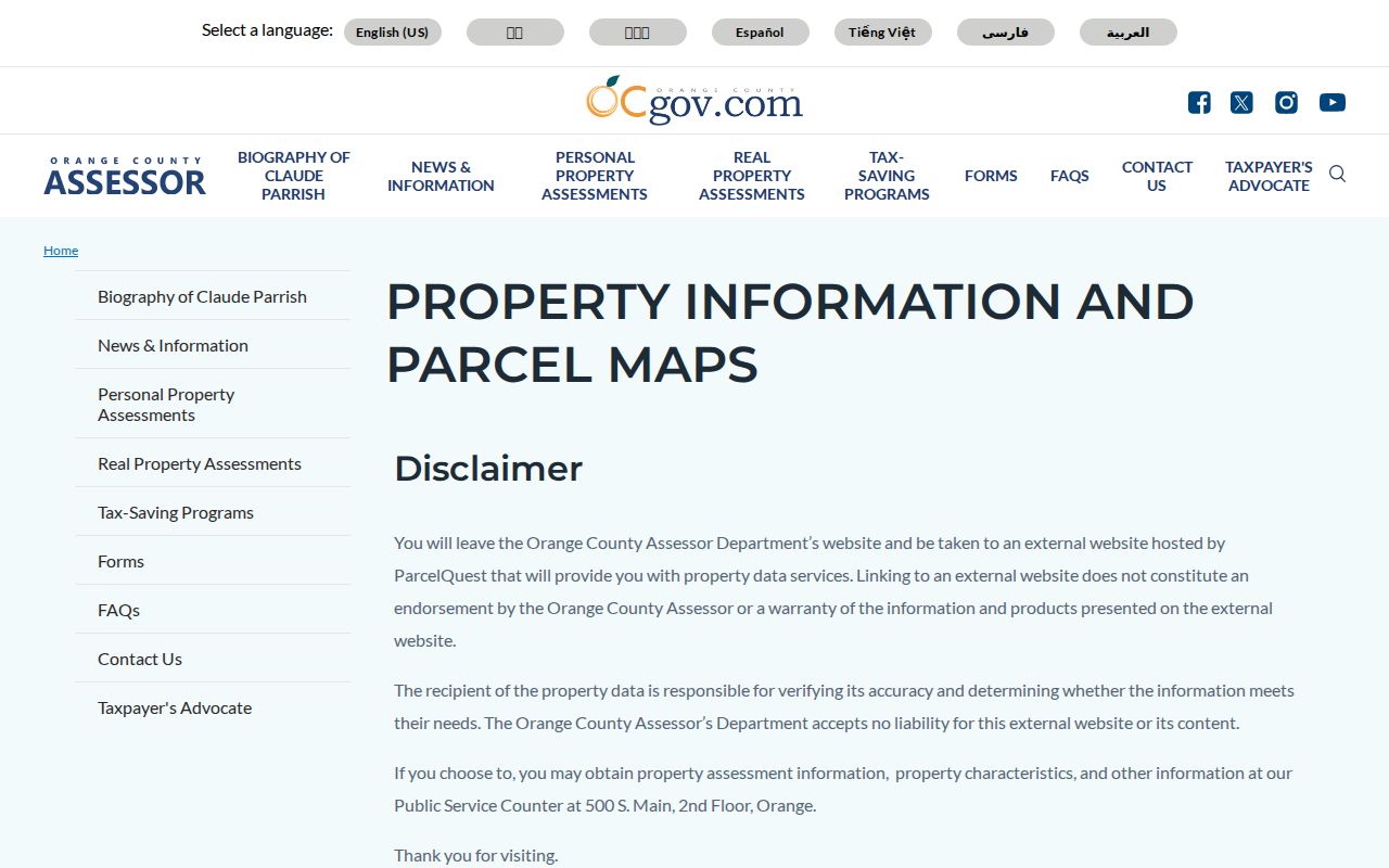 Lake Forest street directory view of Orange County parcel information